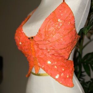 Orange Sequin Butterfly Top/ sequin halter top festival club night outfit